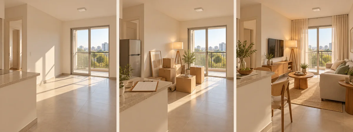 Sequência ilustrativa de apartamento vazio, em preparação e pronto