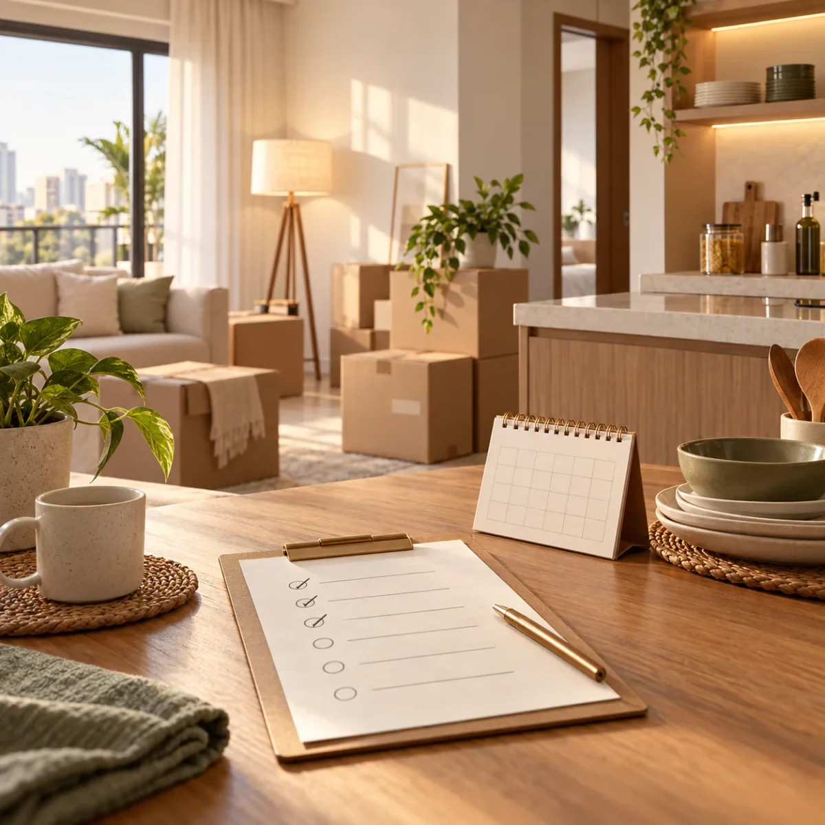 Apartamento em preparação para mudança com caixas e checklist organizado