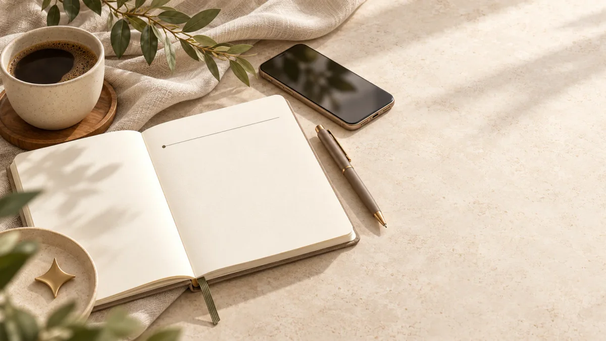 Caderno aberto e celular em composição pronta para receber um serviço