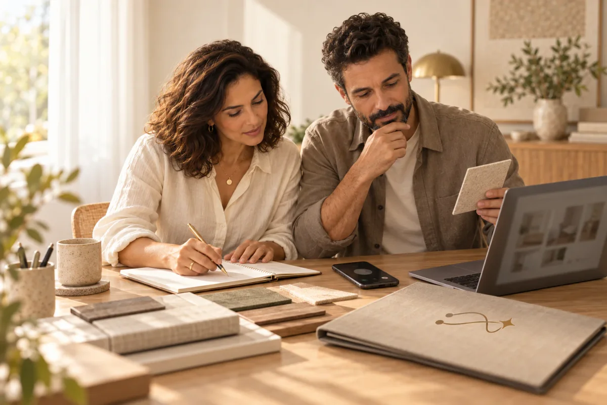 Casal nos bastidores analisando materiais e registrando decisões