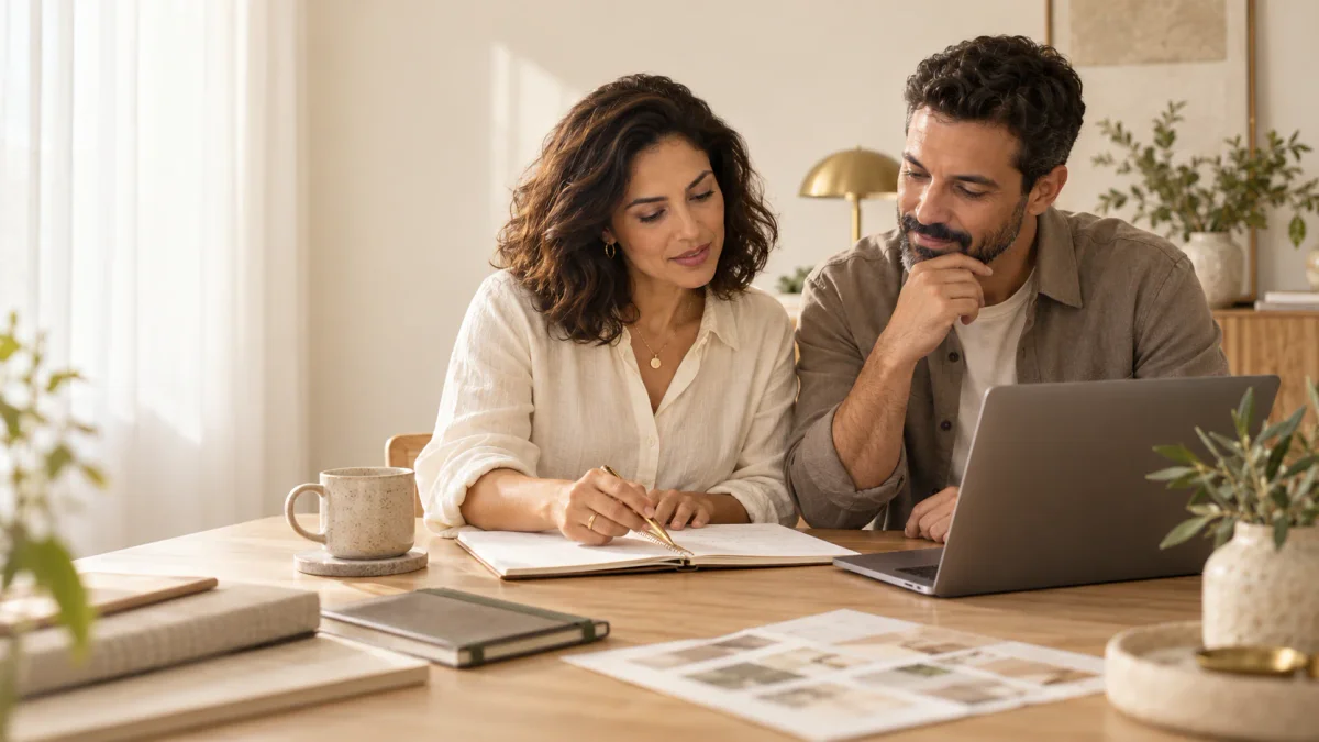 Casal analisando um serviço em mesa com notebook e caderno