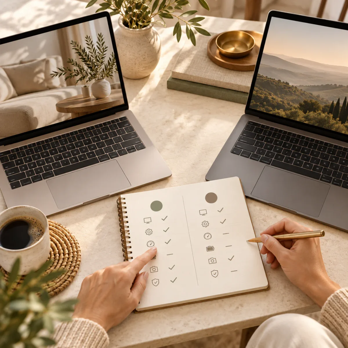 Comparação de dois notebooks com critérios anotados em caderno