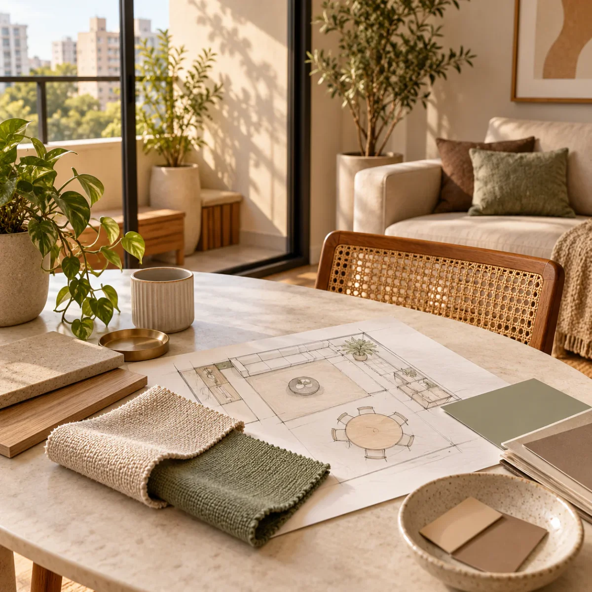 Planejamento de ambiente residencial com planta e amostras de materiais