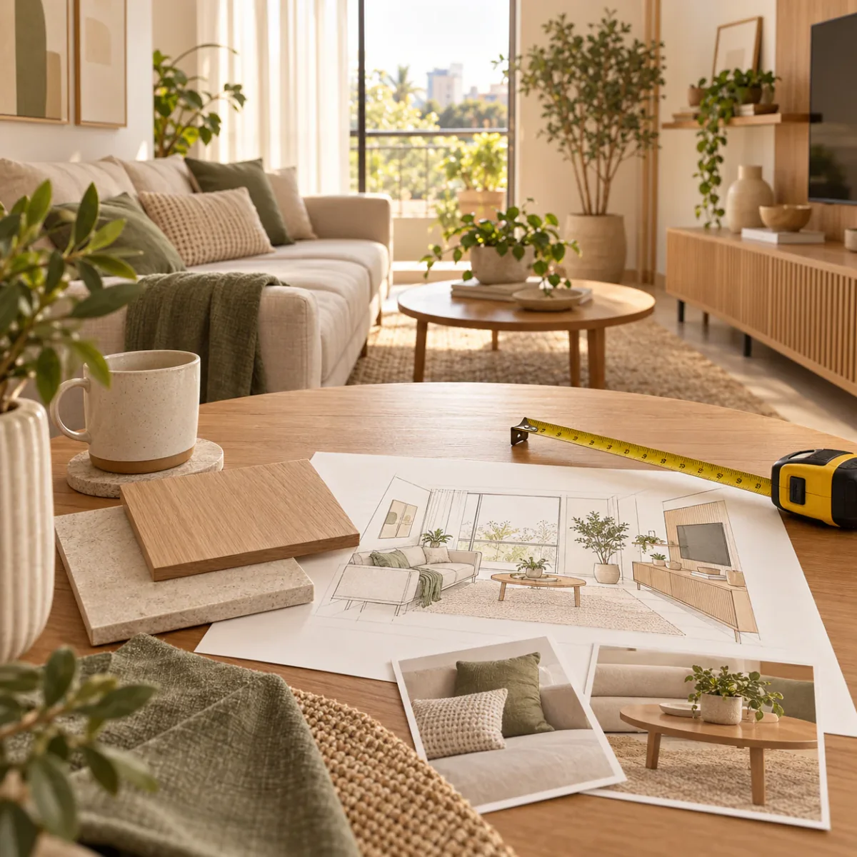 Sala residencial sendo planejada com desenho, referências e amostras