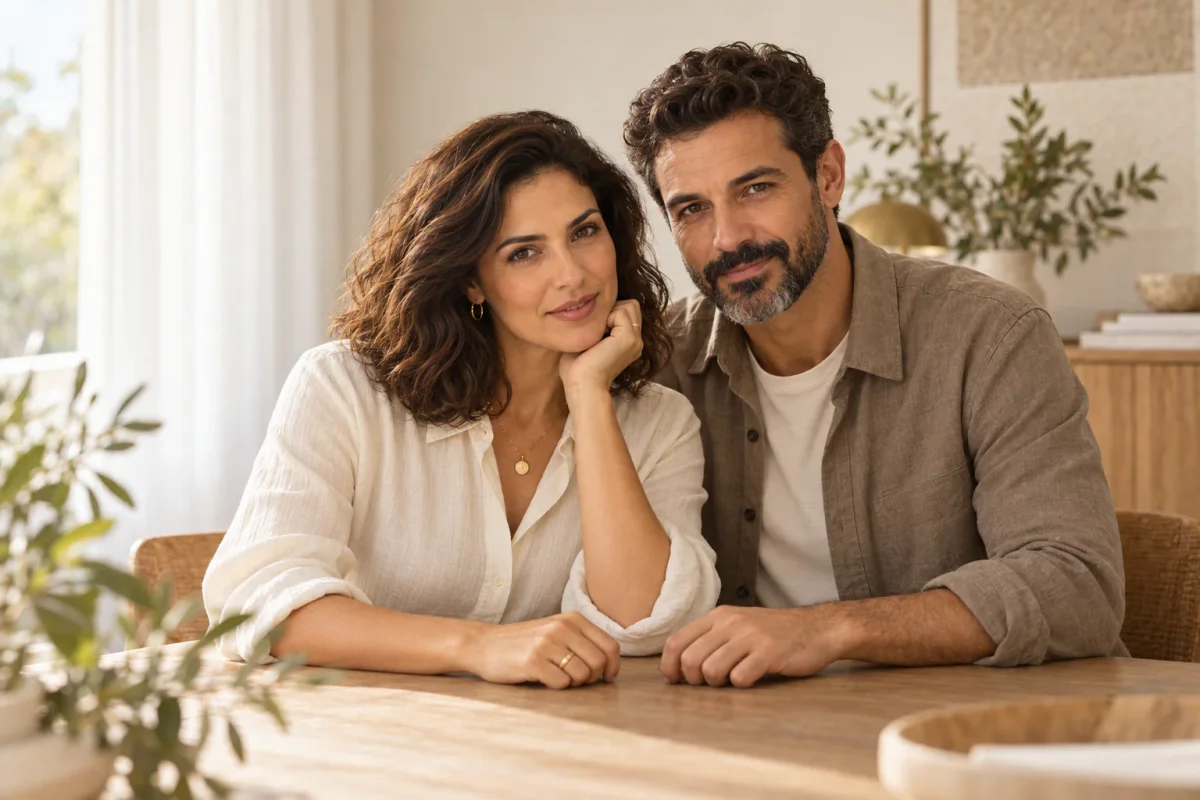 Retrato do casal fundador em ambiente claro e acolhedor