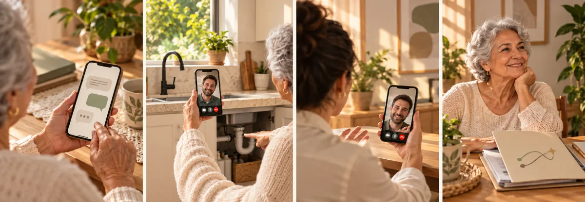Sequência ilustrativa de acompanhamento remoto de familiar por celular e videochamada