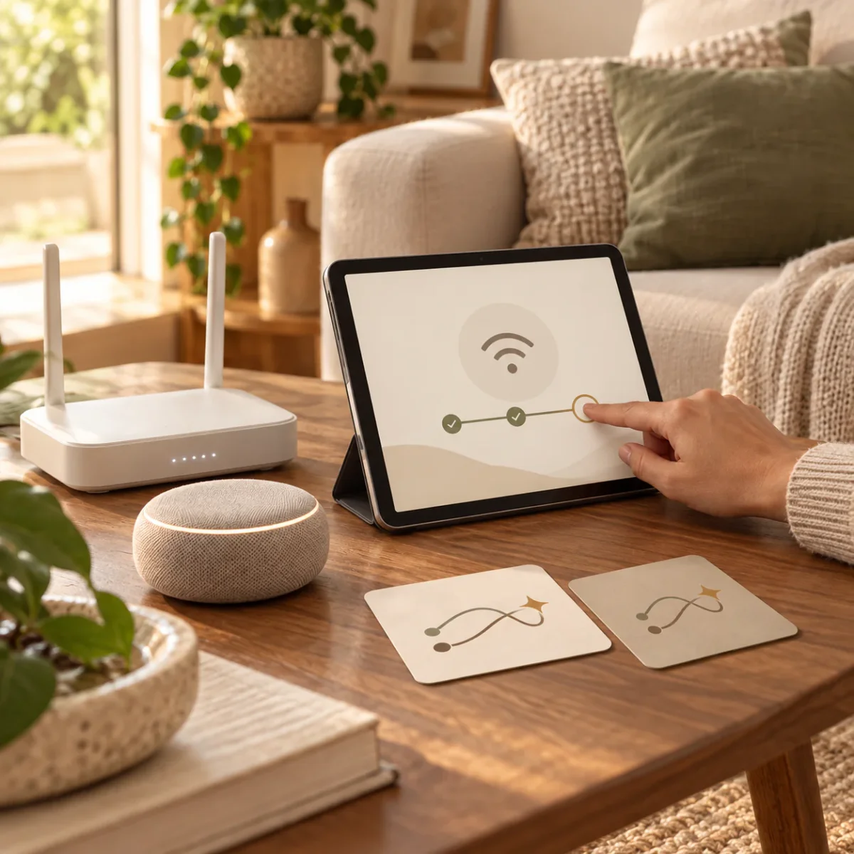 Configuração de tecnologia doméstica em tablet ao lado de roteador